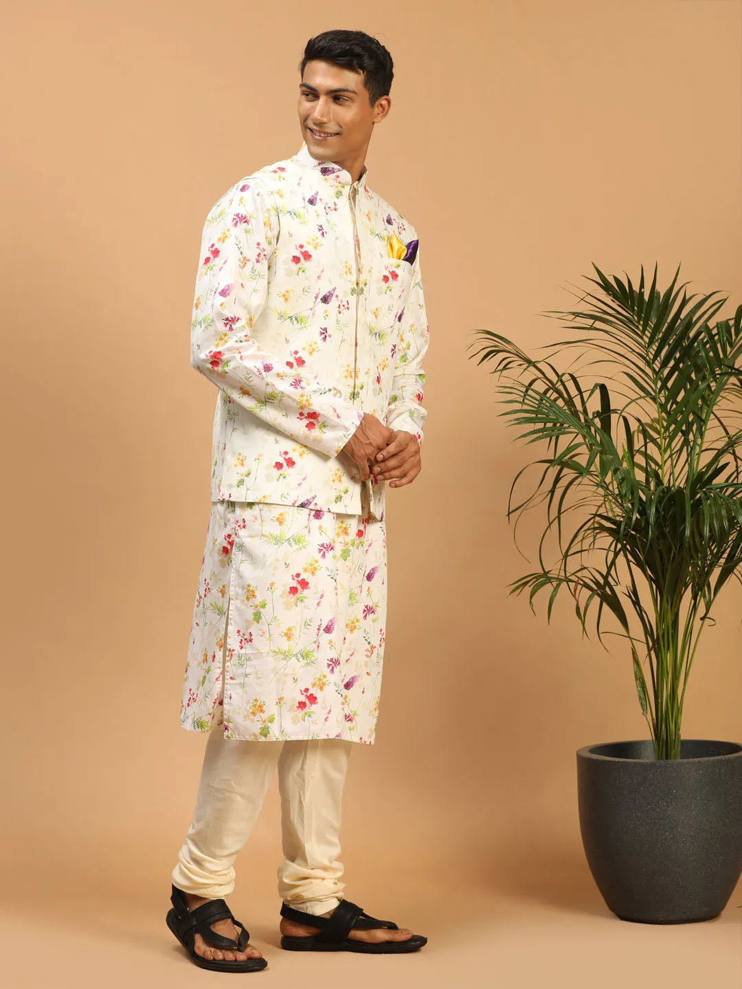 Jashvi Cream Printed Nehru Jacket And Multicolor-base Printed Kurta With Cream Pyjama Set