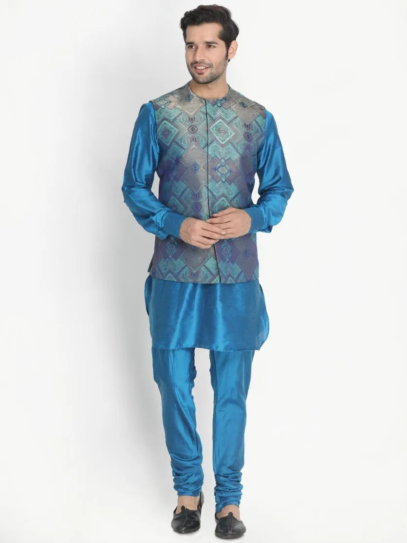 Jashvi Men's Green Silk Blend Ethnic Jacket