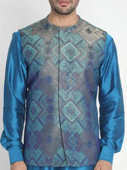 Jashvi Men's Green Silk Blend Ethnic Jacket