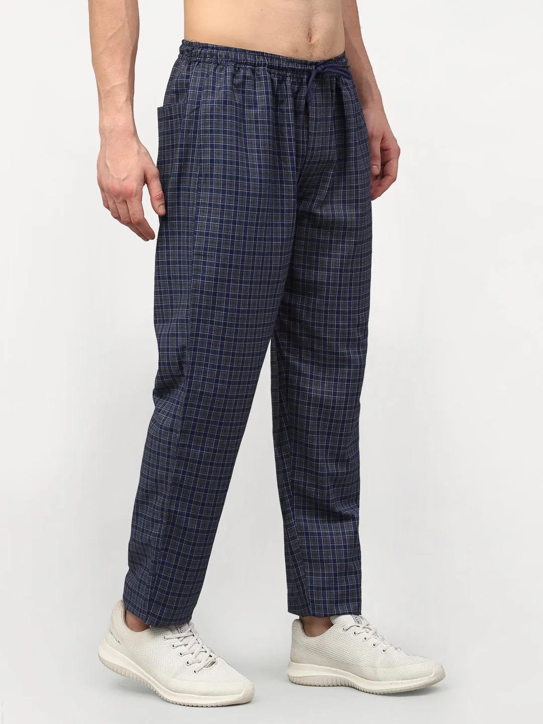 Jashvi Men's Navy Blue Cotton Checked Track Pants