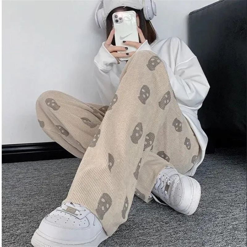 Joskaa Christmas Gift Corduroy Y2K Casual Pants Women Baggy Joggers Trousers Retro Print Loose Straight Wide Leg Pant Streetwear High Waist Trousers