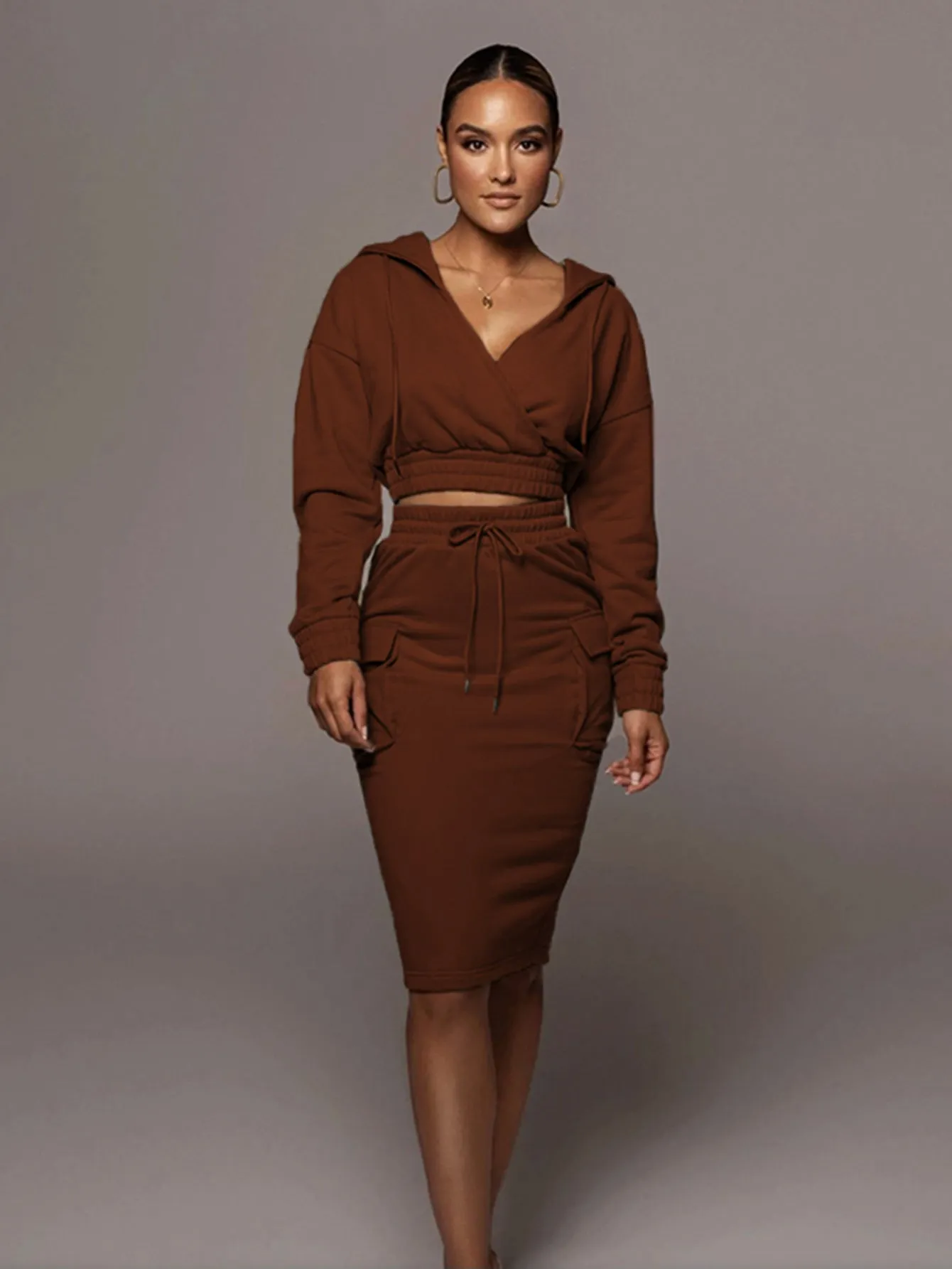 KittenAlarm - Solid V Neck Crop Hoodie&Skirt Set