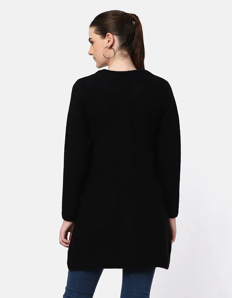 Knitted Round Neck Long Coat With Front Pockets