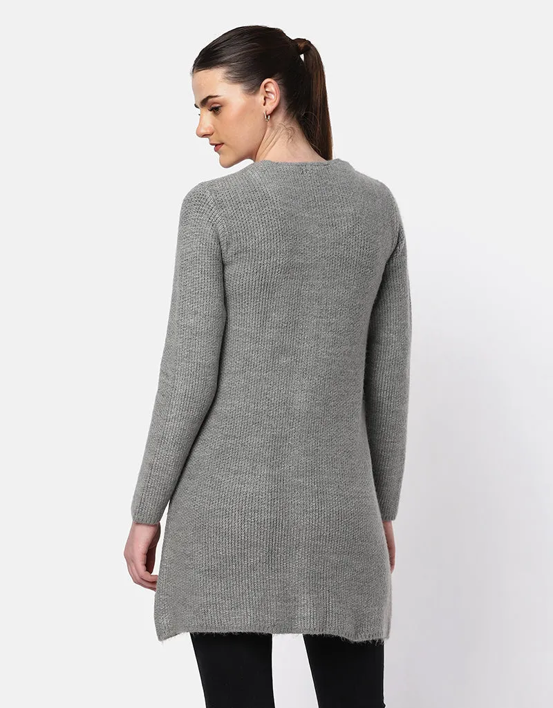 Knitted Round Neck Long Coat With Front Pockets