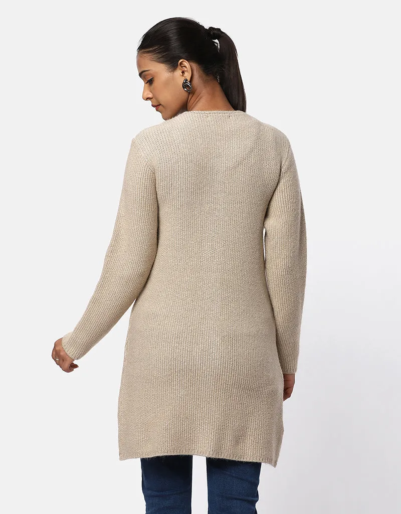 Knitted Round Neck Long Coat With Front Pockets