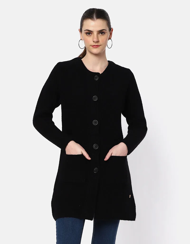 Knitted Round Neck Long Coat With Front Pockets