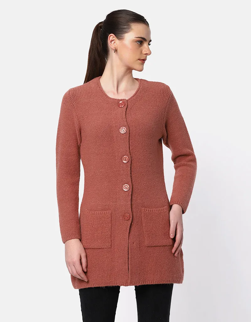 Knitted Round Neck Long Coat With Front Pockets