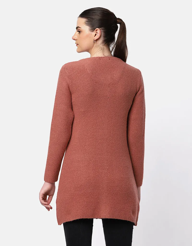 Knitted Round Neck Long Coat With Front Pockets