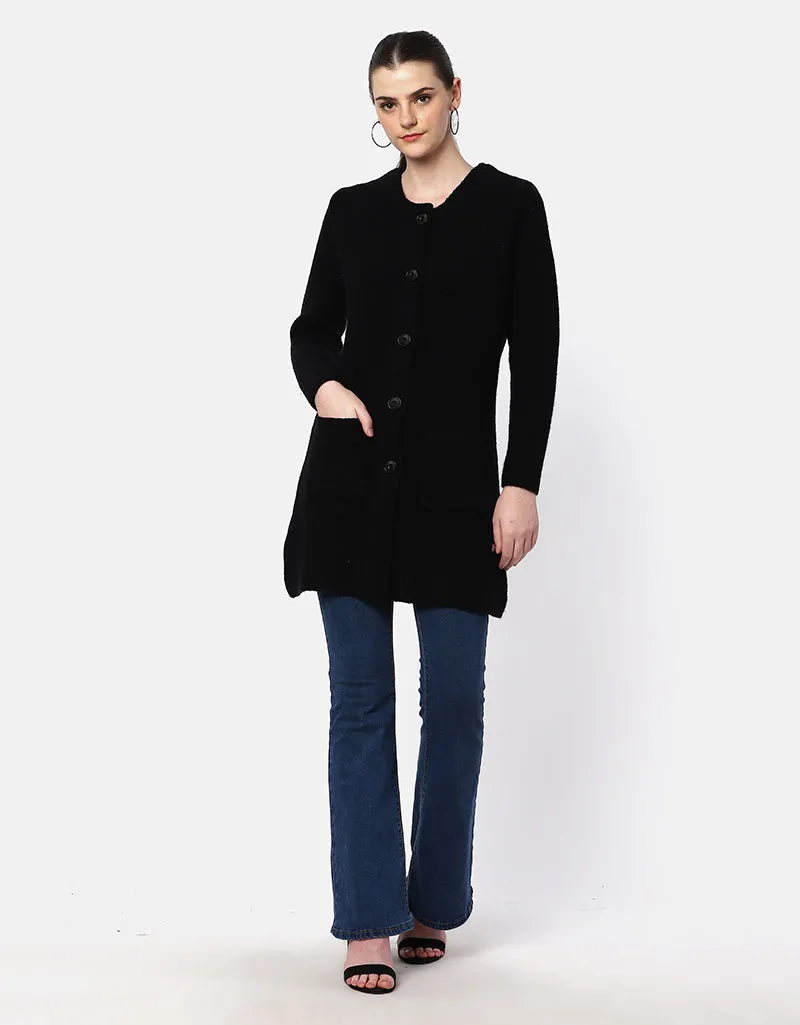 Knitted Round Neck Long Coat With Front Pockets