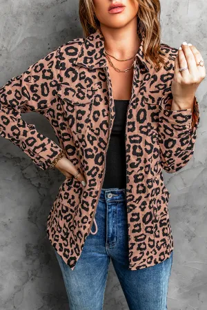 Lapel Collar Zipper Drawstring Leopard Coat