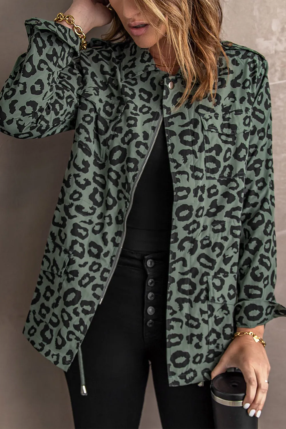 Lapel Collar Zipper Drawstring Leopard Coat