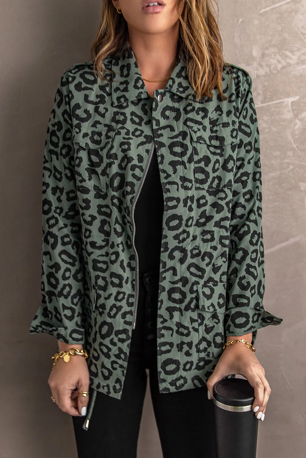 Lapel Collar Zipper Drawstring Leopard Coat