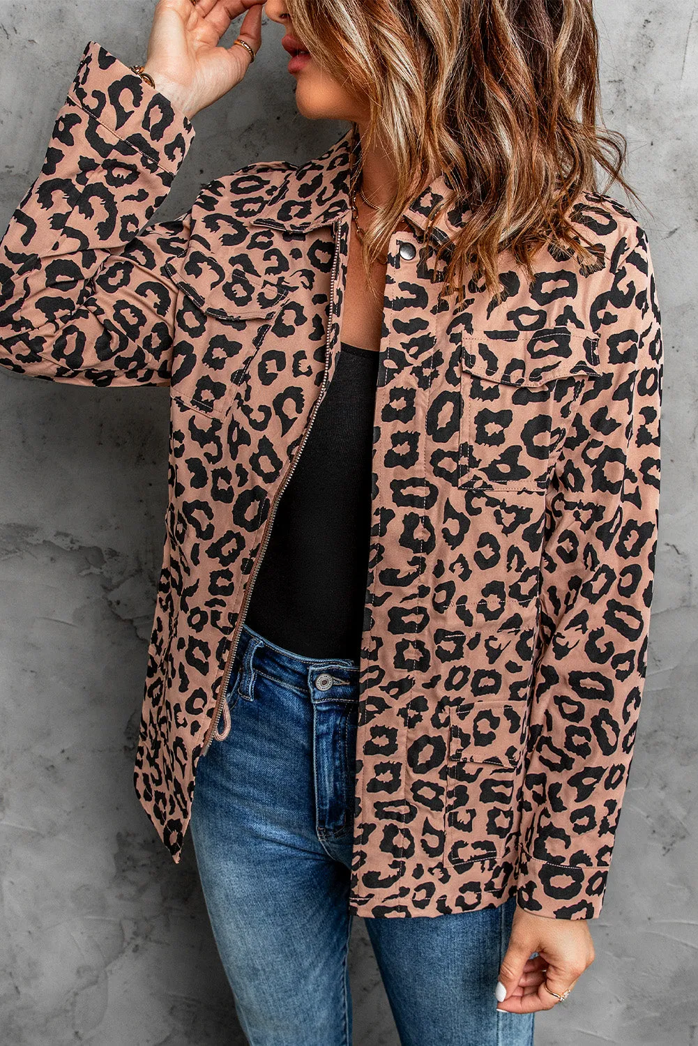 Lapel Collar Zipper Drawstring Leopard Coat