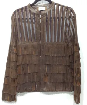 Laser cut distressed brown genuine lamb skin jacket with fringe