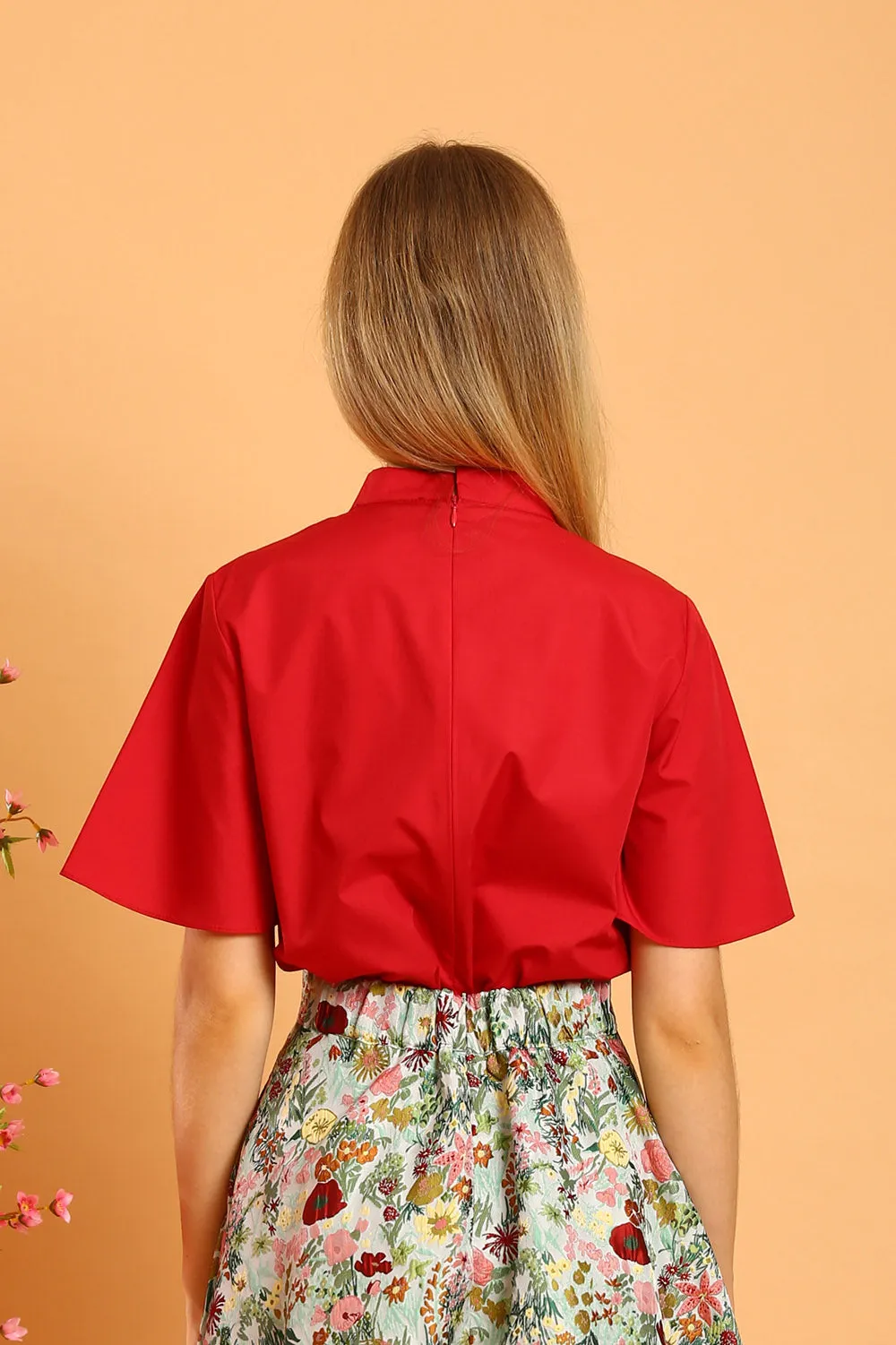 Laurine Mandarin Collar Top in Red