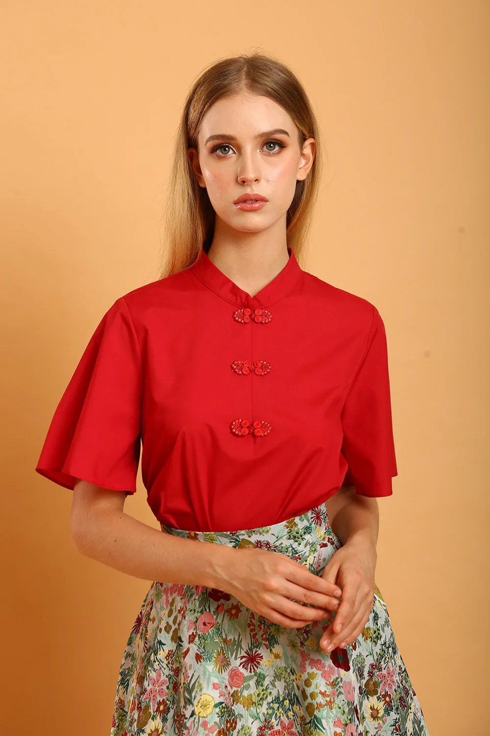 Laurine Mandarin Collar Top in Red