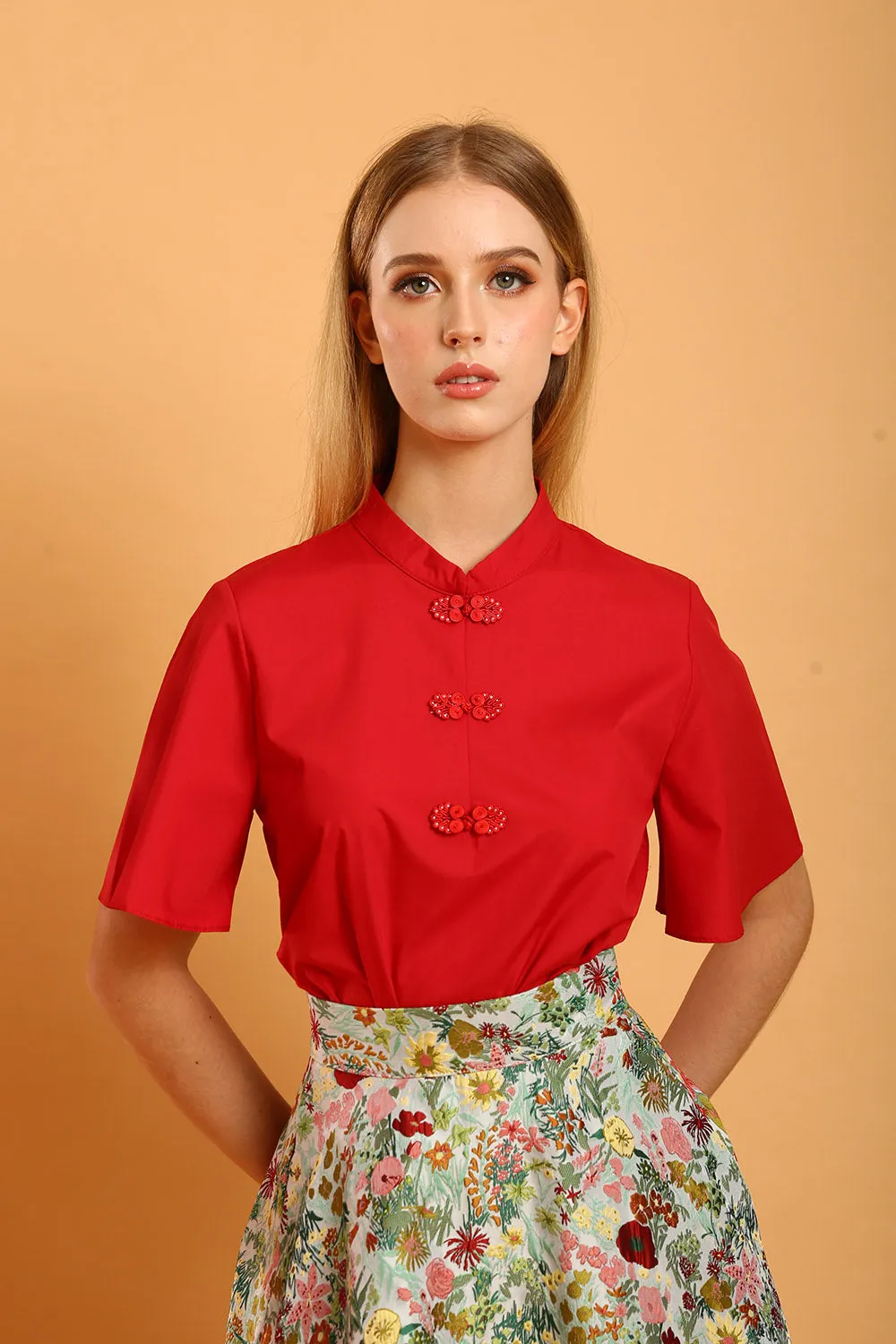 Laurine Mandarin Collar Top in Red