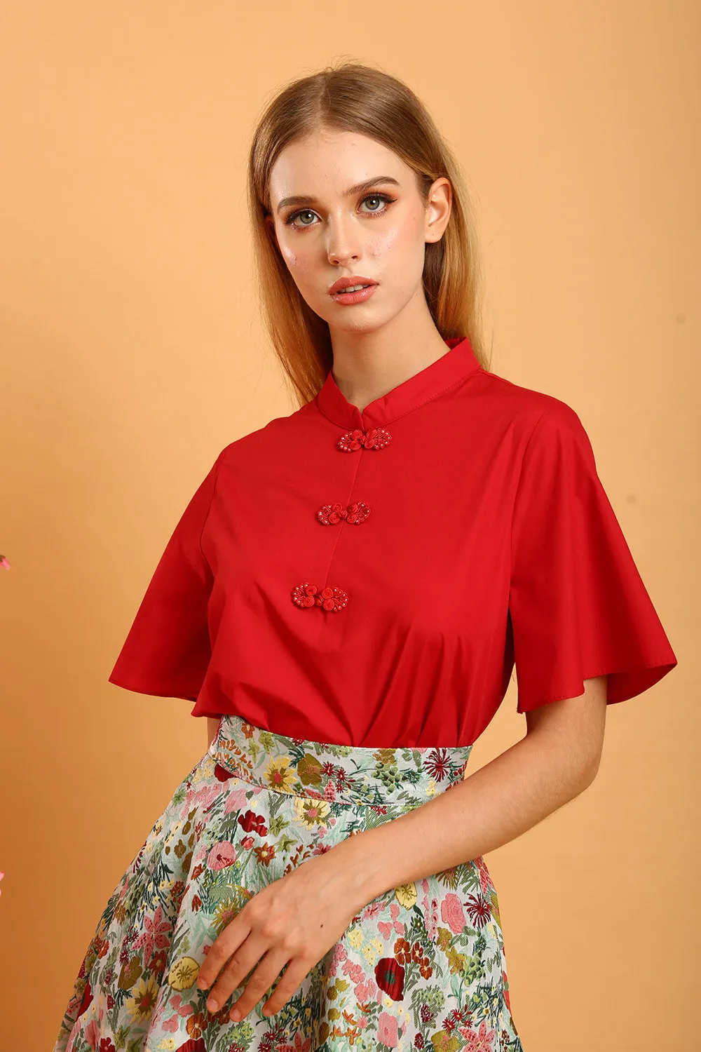 Laurine Mandarin Collar Top in Red