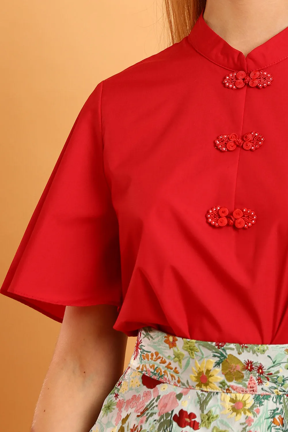 Laurine Mandarin Collar Top in Red