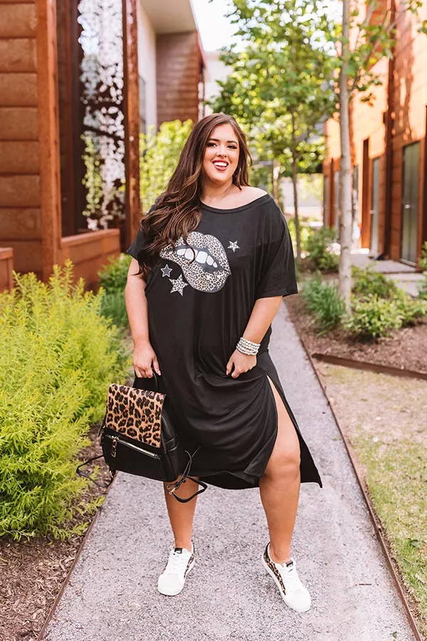 Leopard Lips T-Shirt Midi In Black Curves