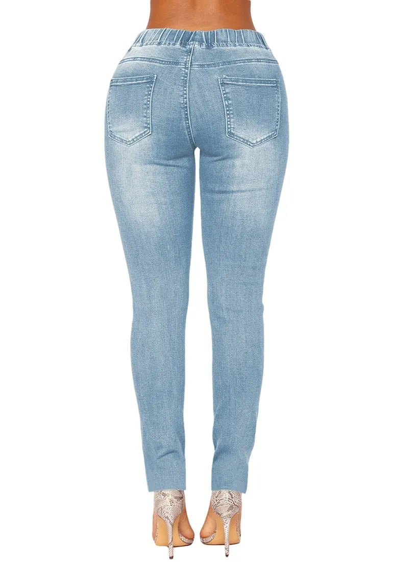 Light Blue Drawstring-Waist Washout Ripped Skinny Jeans