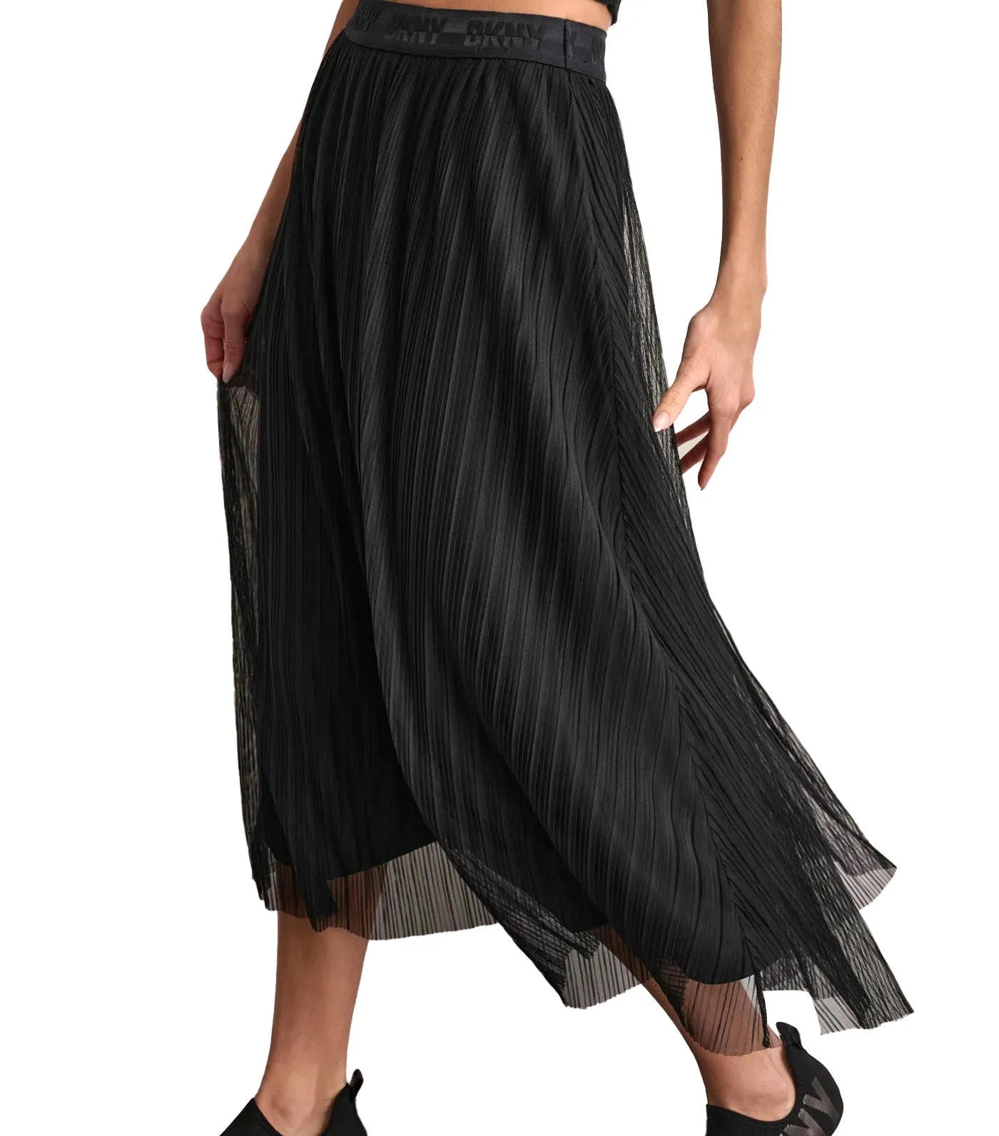 Logo Waist Band Tiered Mesh Skirt Black