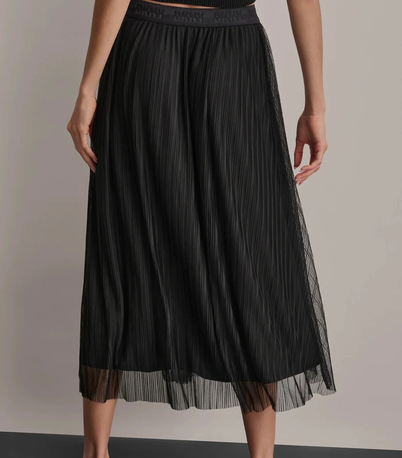 Logo Waist Band Tiered Mesh Skirt Black