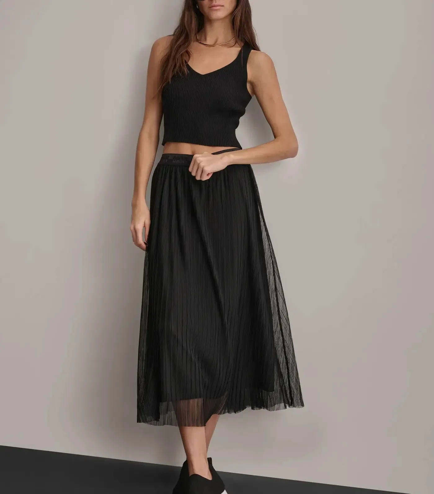 Logo Waist Band Tiered Mesh Skirt Black