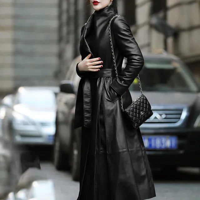 Long Brown Black Soft Faux Leather Trench Coat Belt Long Sleeve Skirted Elegant Luxury Fashion