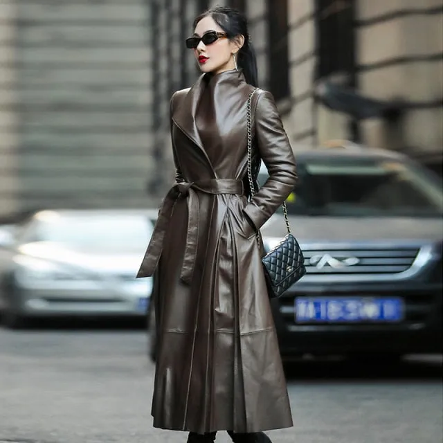 Long Brown Black Soft Faux Leather Trench Coat Belt Long Sleeve Skirted Elegant Luxury Fashion