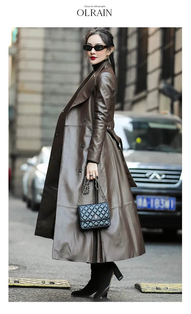 Long Brown Black Soft Faux Leather Trench Coat Belt Long Sleeve Skirted Elegant Luxury Fashion