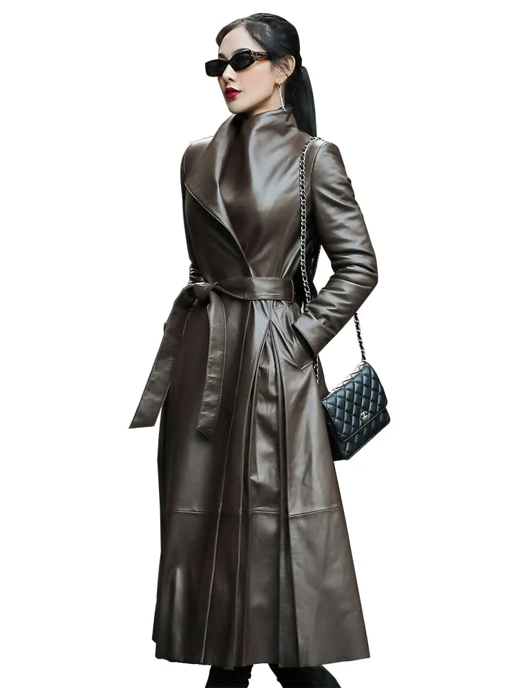 Long Brown Black Soft Faux Leather Trench Coat Belt Long Sleeve Skirted Elegant Luxury Fashion