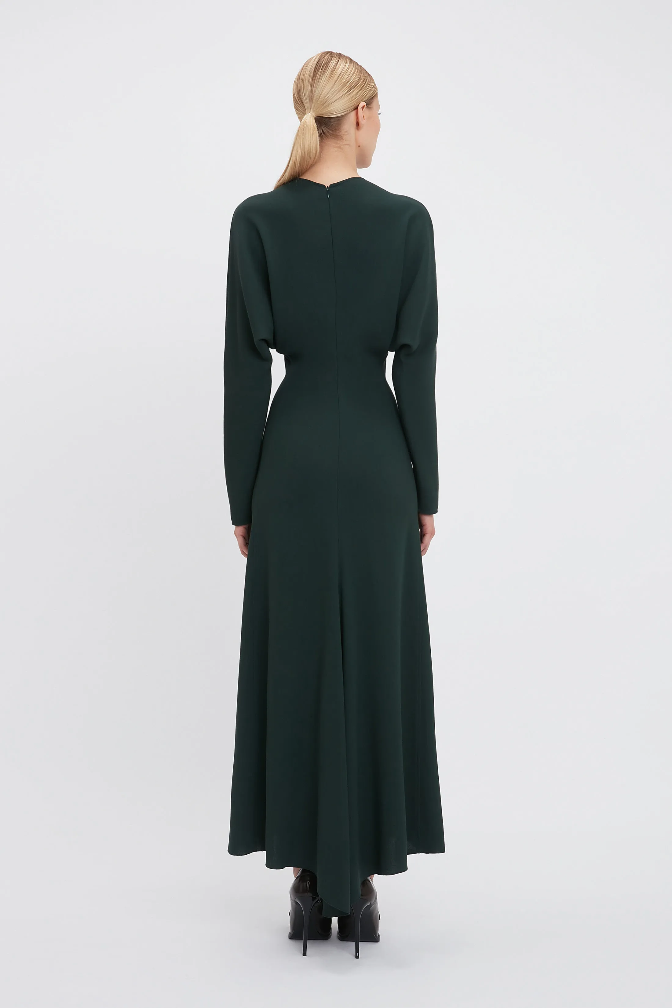 Long Sleeve Draped Midi Dress In Seaweed