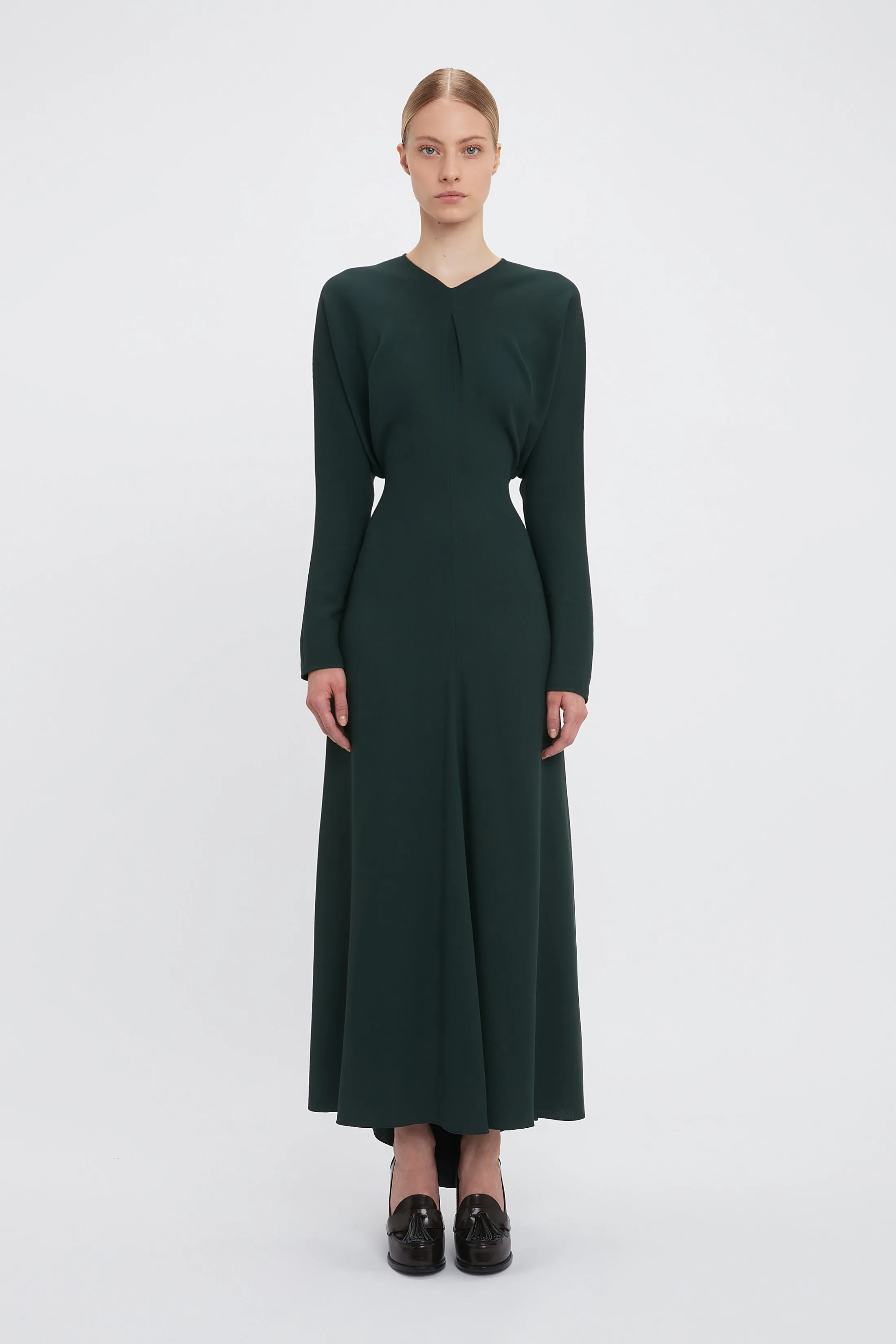 Long Sleeve Draped Midi Dress In Seaweed