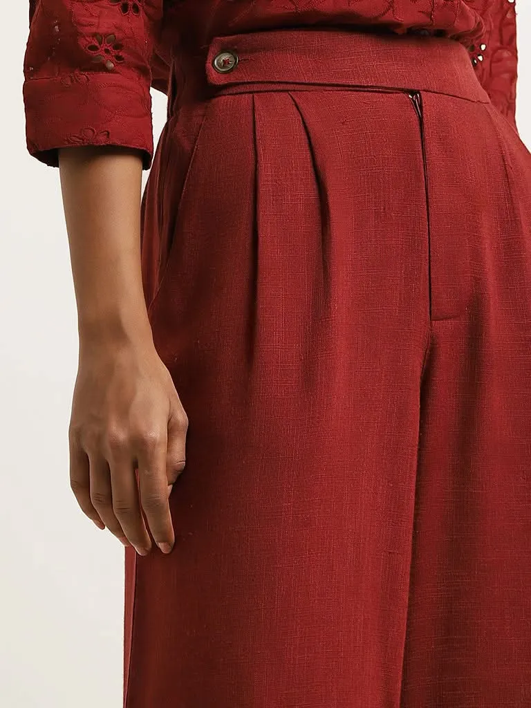 LOV Red Wide-Leg Blended Linen Pants