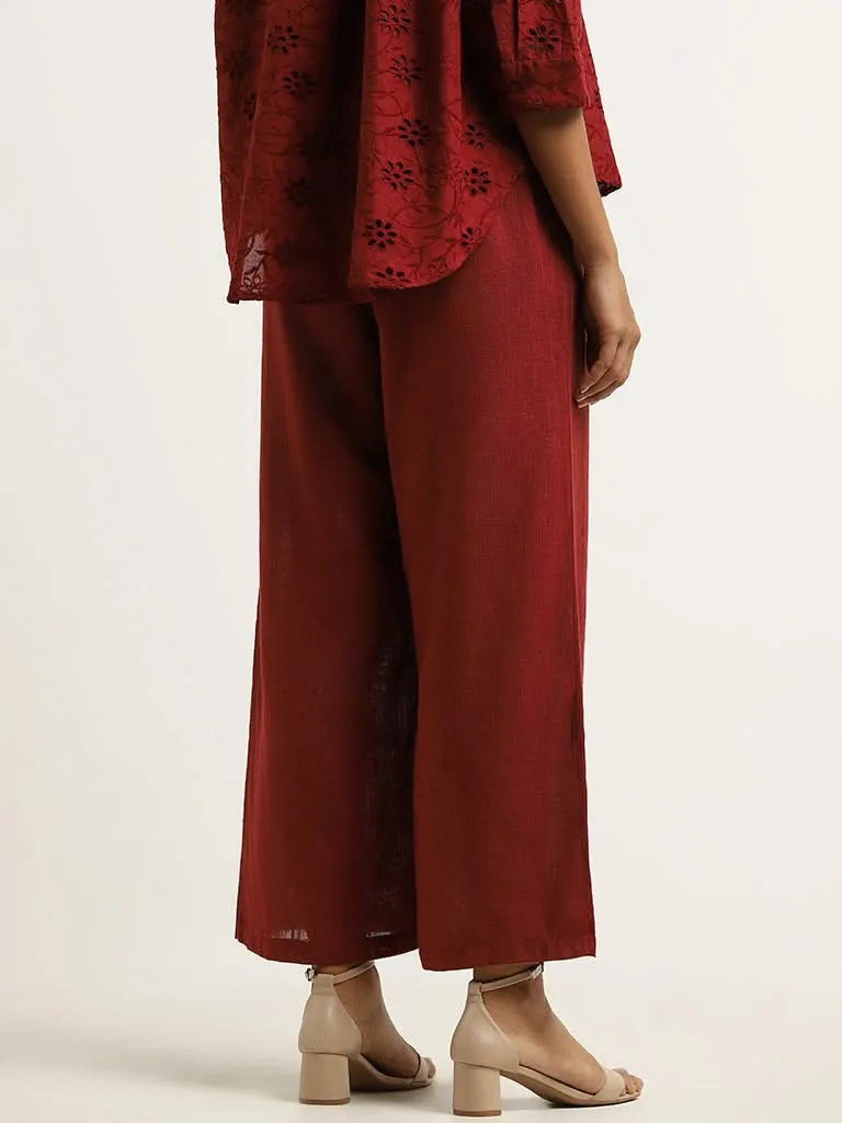 LOV Red Wide-Leg Blended Linen Pants