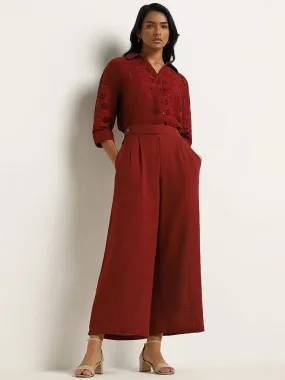 LOV Red Wide-Leg Blended Linen Pants