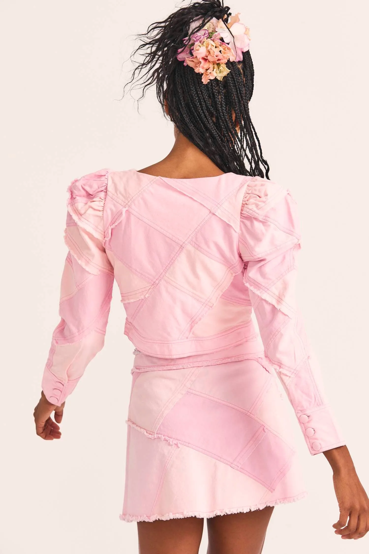 Love Shack Fancy - Eleora Crop Jacket in Pastel Pink Colorblock