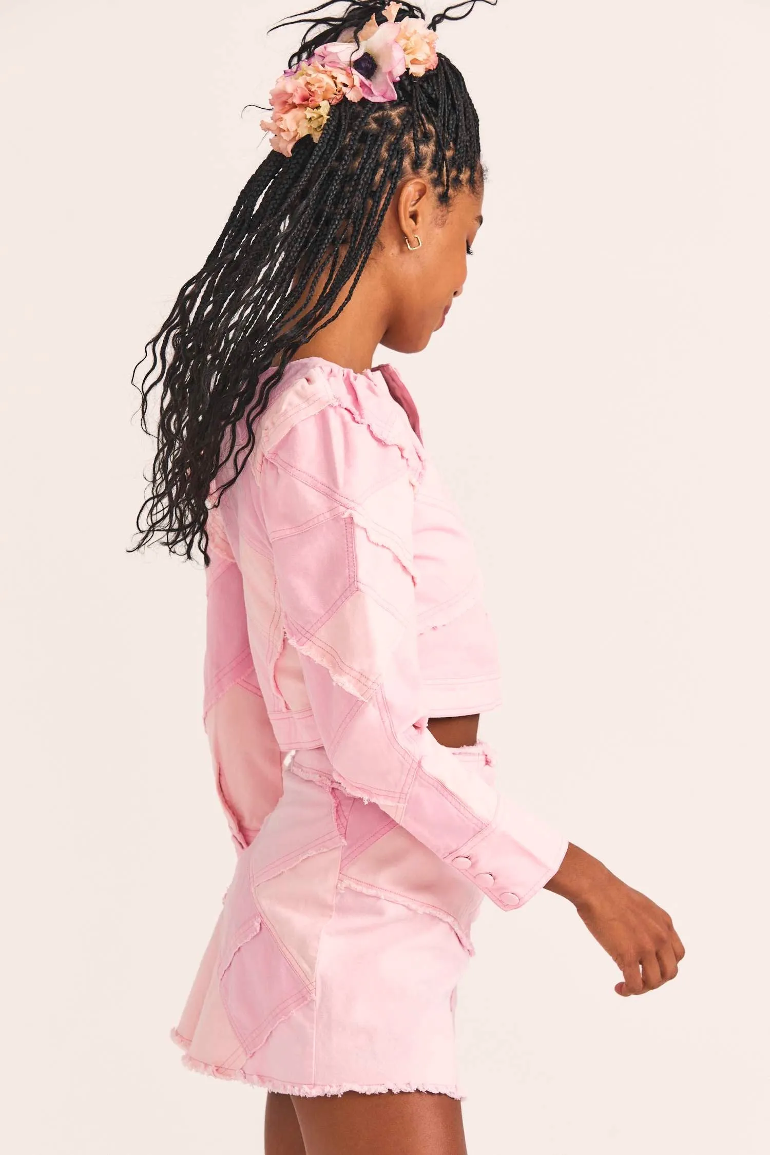 Love Shack Fancy - Eleora Crop Jacket in Pastel Pink Colorblock