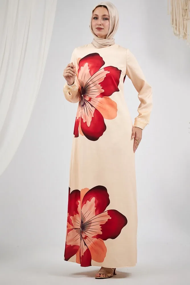 Lujainah Blossom Elegance Crepe Polyester Maxi Dress with Bold Floral Design