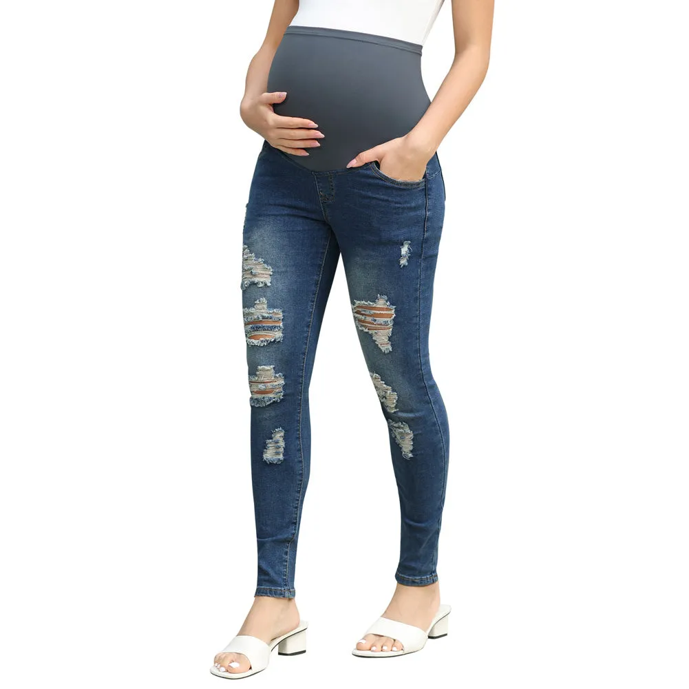 Maacie Women Maternity Scratched Jeans High Waist Whole Pregnancy Denim Pants