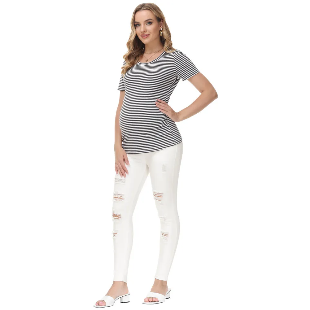 Maacie Women Maternity Scratched Jeans High Waist Whole Pregnancy Denim Pants