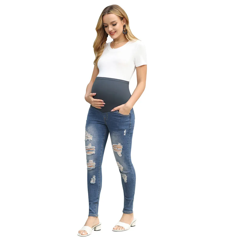 Maacie Women Maternity Scratched Jeans High Waist Whole Pregnancy Denim Pants