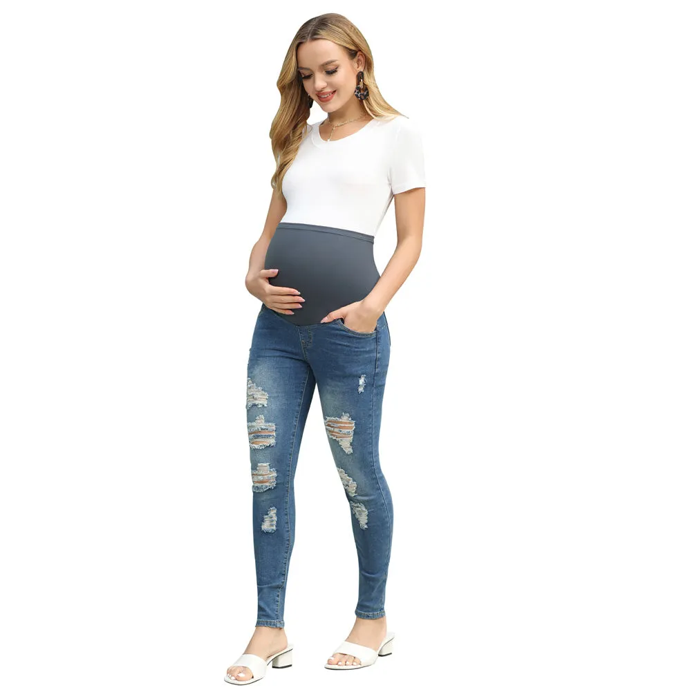 Maacie Women Maternity Scratched Jeans High Waist Whole Pregnancy Denim Pants