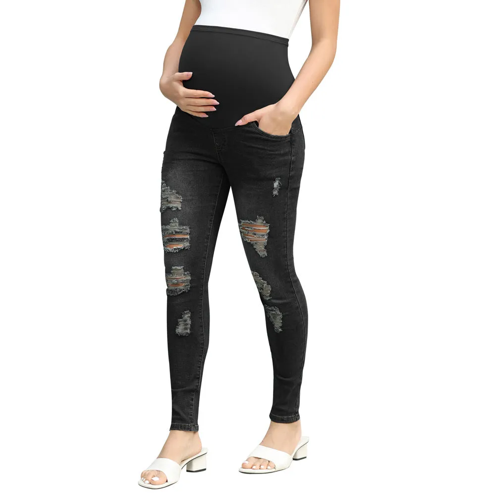 Maacie Women Maternity Scratched Jeans High Waist Whole Pregnancy Denim Pants