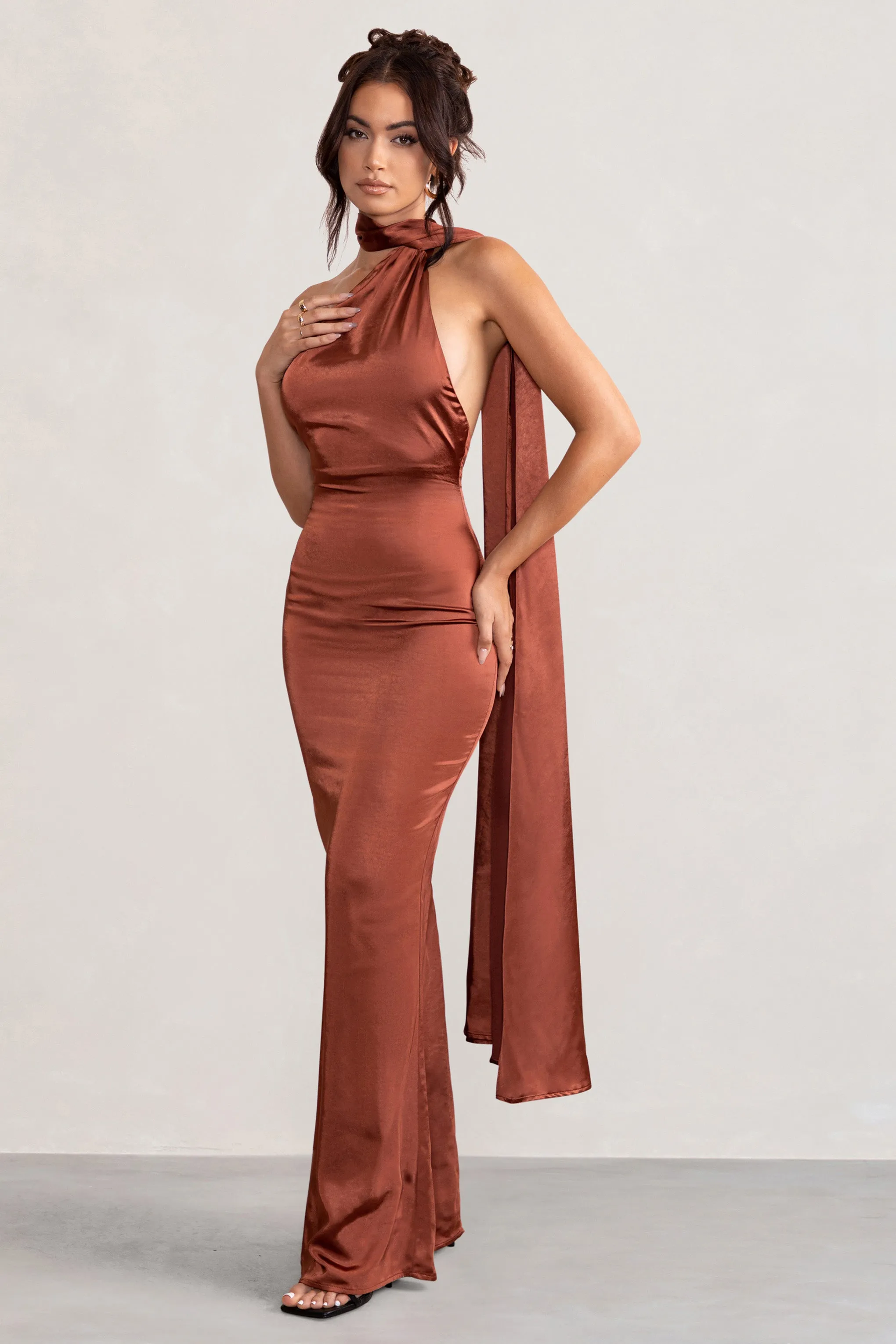 Mademoiselle | Rust Backless Satin Asymmetric Scarf Neck Maxi Dress