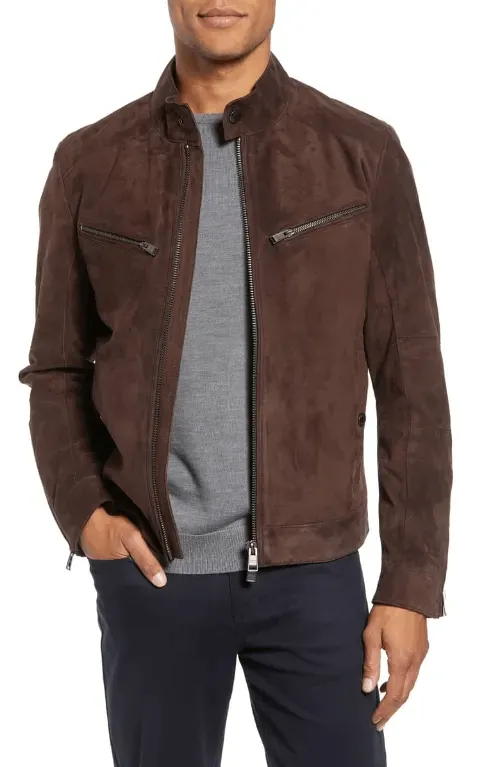 Mens Mocha Brown Suede Leather Biker Jacket