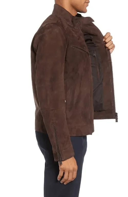 Mens Mocha Brown Suede Leather Biker Jacket