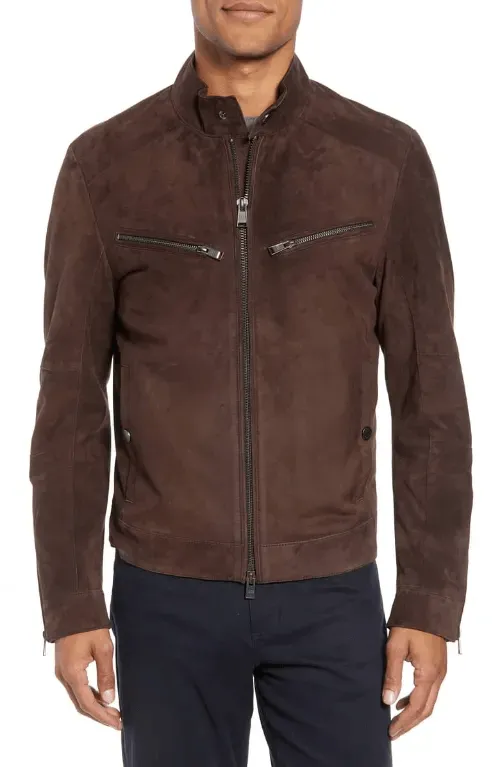 Mens Mocha Brown Suede Leather Biker Jacket