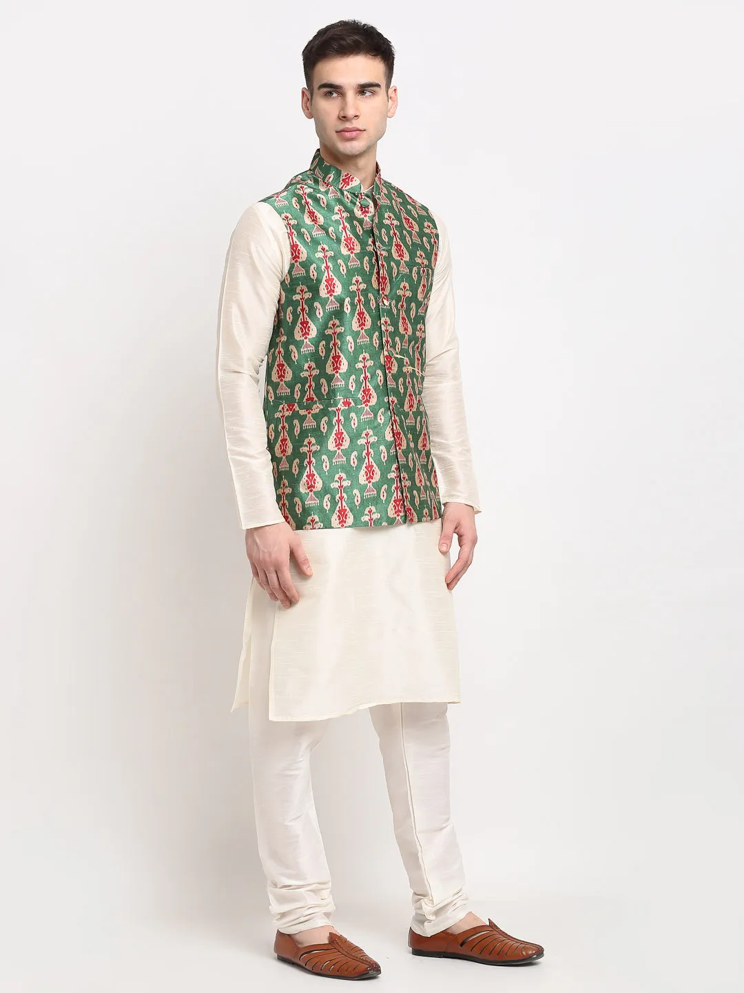 Men's Off-white Dupion Silk Kurta with Churidar & Nehru Jacket ( JOKPWC W-D 4025Green ) - Virat Fashions